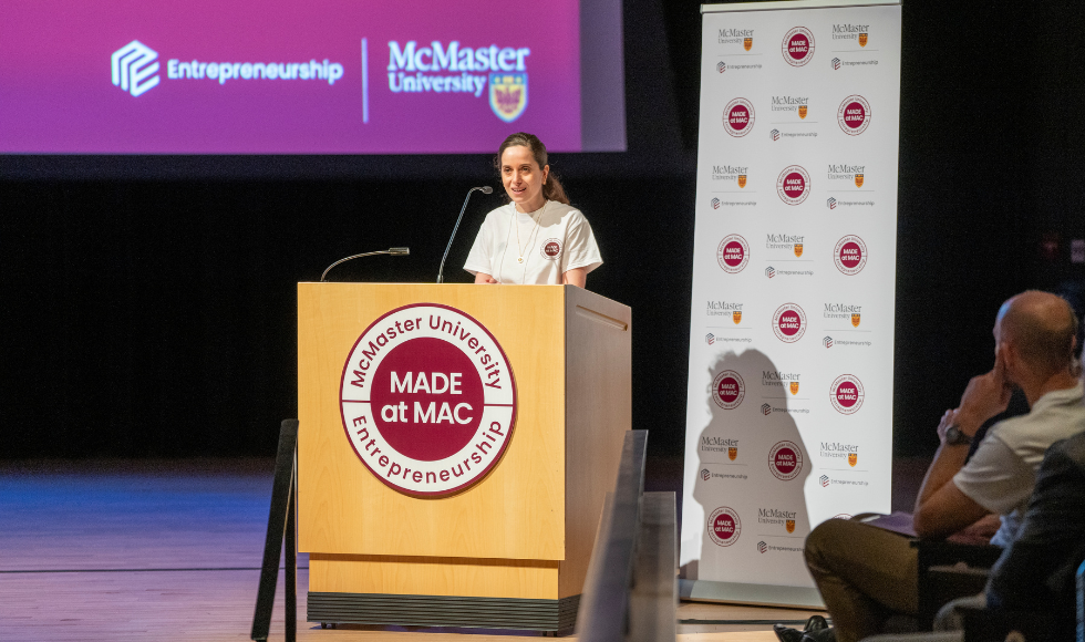 Leyla Soleymani speaking at a podium