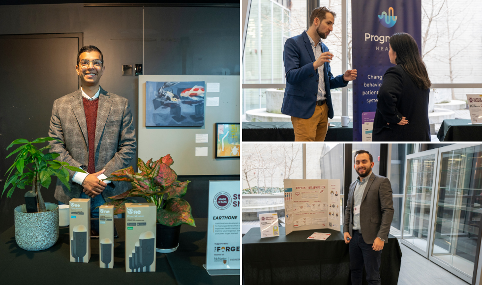 A grid of three photos showing startup founders standing in front of their respective information booths