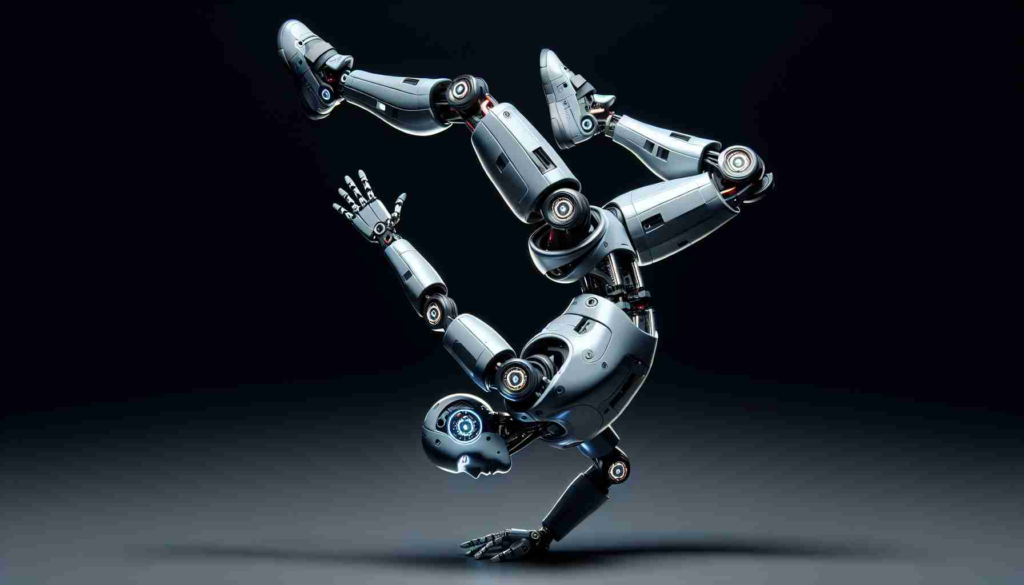 Generate a realistic, high-definition image of an advanced humanoid robot developed by a Chinese tech company, Unitree. The robot should be depicted in the middle of a perfectly executed backflip, showcasing its acrobatic capabilities. Include details like sleek metal body, LED lights as eyes and advanced joints articulation, all providing an indication of its technological sophistication.