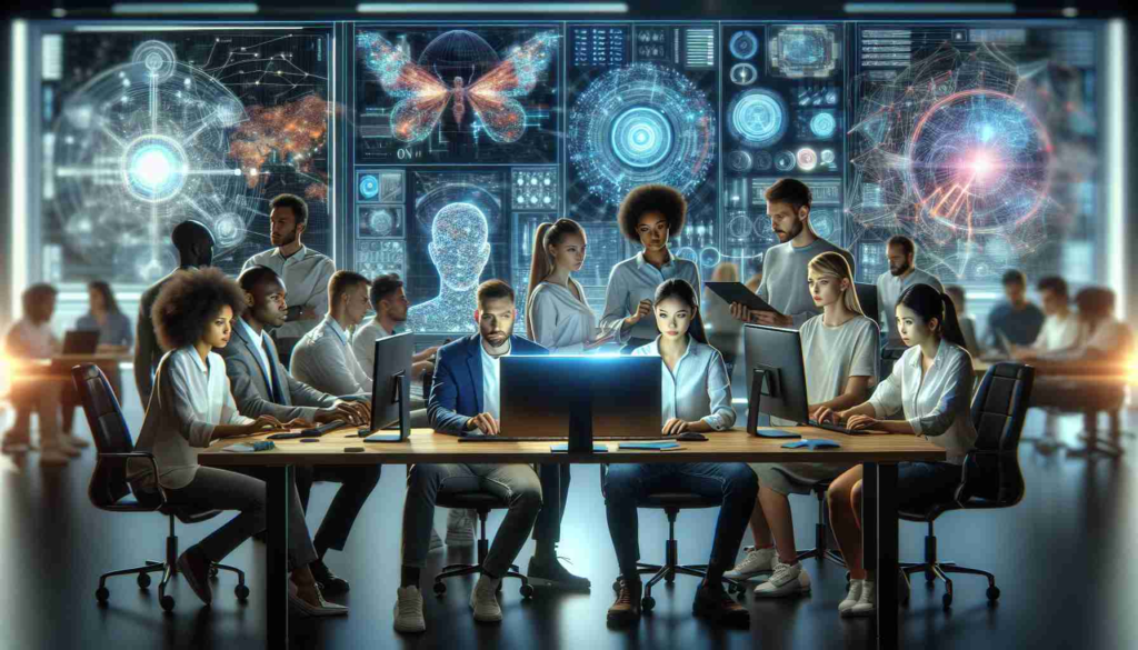 A high-definition photo symbolising the rise of artificial intelligence. This shows a group of diverse individuals, male and female of different descents—Caucasian, Hispanic, Black, Middle-Eastern, South Asian—working together on advanced technological devices like computers and holographic screens. Displayed on their screens are complex algorithms, machine learning graphs and AI models. They are in a modern, high-tech environment suggestive of cutting-edge innovation. The atmosphere is charged with focus and determination.