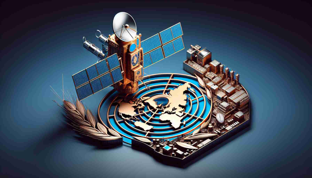 Detailed and realistic artwork in high-definition demonstrating the concept of two events: a communications regulator declining to expand the spectrum allocation for a satellite-based internet service, represented by a symbolic sign of denial over the detailed model of a satellite; and a second event, an international telecommunications union, depicted as an emblem or a symbol, monitoring service concerns related to a middle-eastern country, denoted by a map or flag of the said nation.