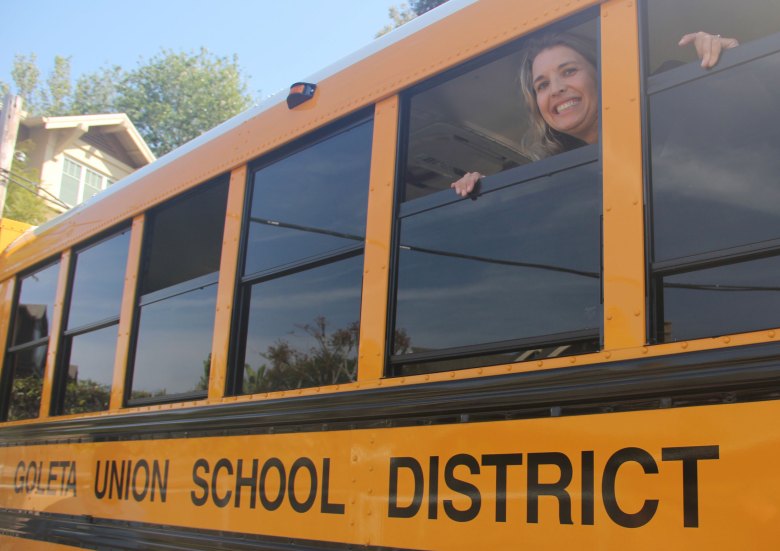 Goleta Union School District trustee Emily Zacarias tours one of the district’s new electric buses. She pointed to a lift feature in the back that increases accessibility for students with disabilities.