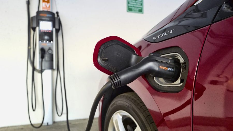 A Chevrolet Volt is seen charging at a ChargePoint charging station at a parking garage in Los Angeles, Oct. 17, 2018