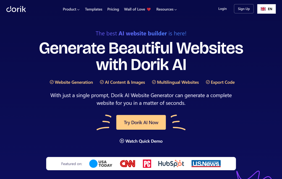 Dorik AI landing page.