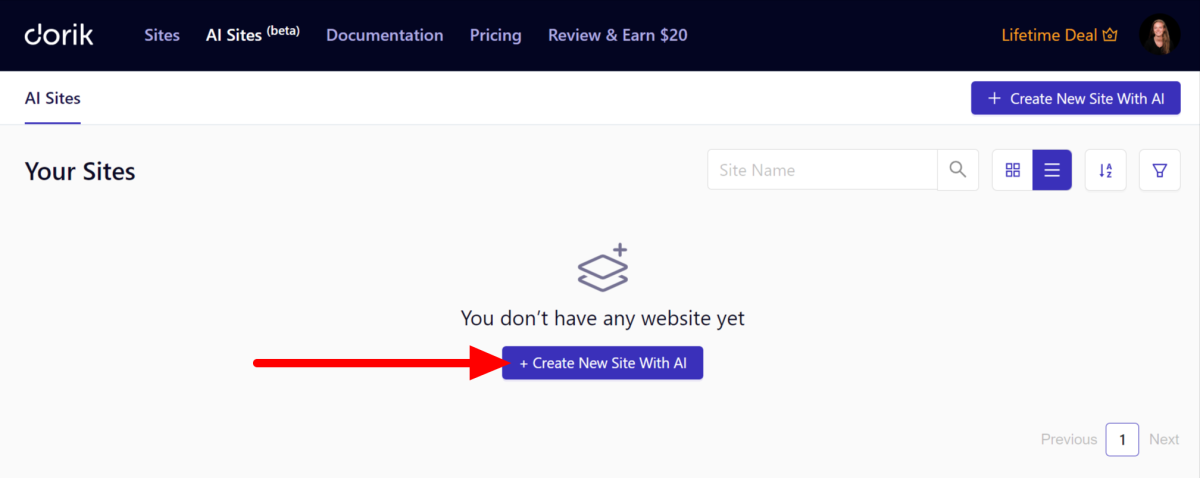 Selecting the Create New Site with AI button from the Dorik dashboard.