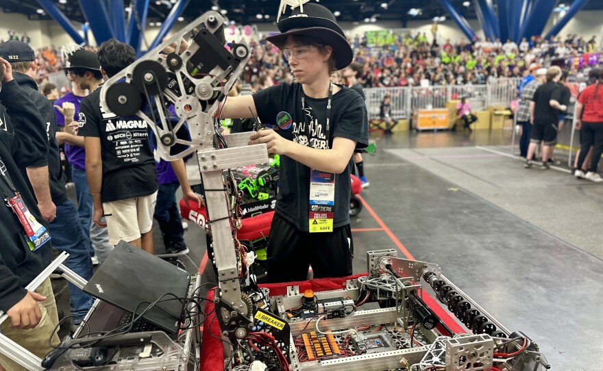 Marshall Hamon, 17, is the chief project officer for Team Spyder. He goes through a final checklist preparing the robot for competition, Friday, Houston, TX, April 19, 2024