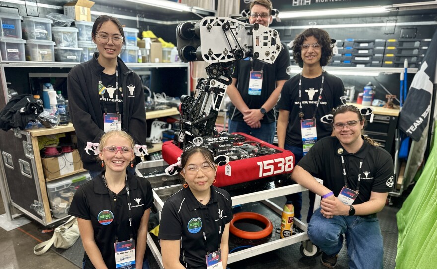 Sadie Han, 17, (front center) is the operator for the drive team of the High Tech High Holy Cows. She collaborates with the rest of the team in strategy for their robot, Houston, TX, April 19, 2024