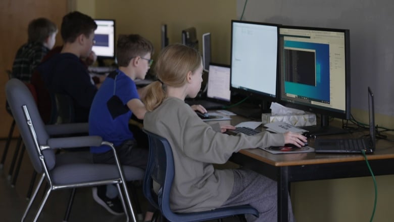 A group of students sitting at a line of computers