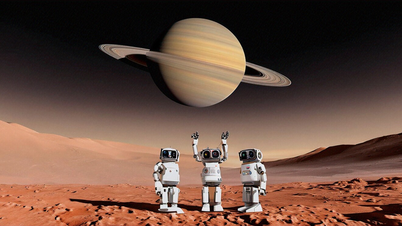 An image generated by Amazon Titan of three very robots waving  are looking up toward Saturn.jpg