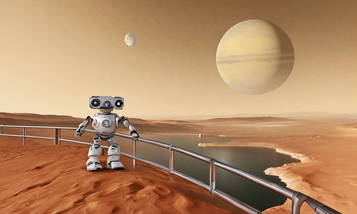 An image of a robot standing on a moon, holding a guardrail. There is a body of water behind them.