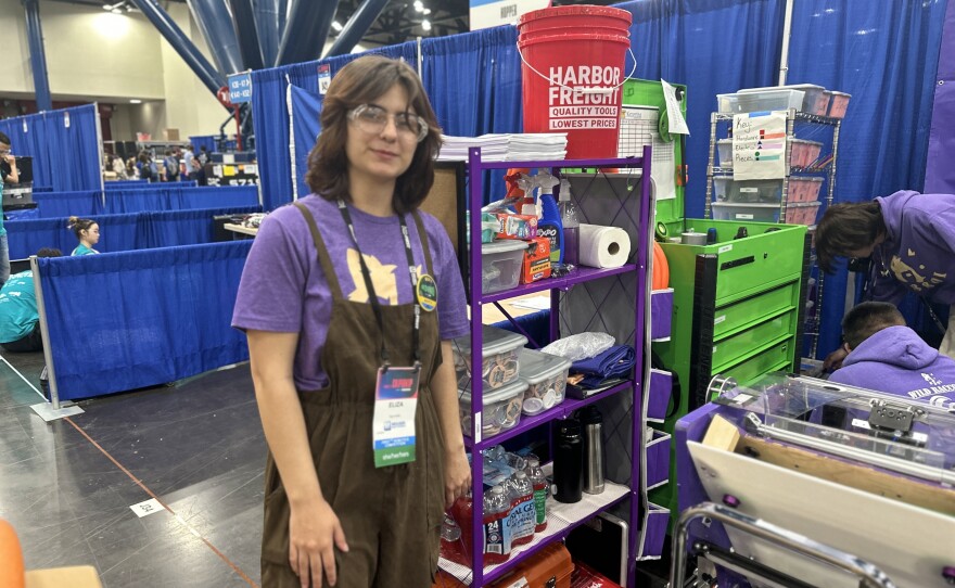 Eliza Blakely, 18, is the Wild Raccoons robotics pit manager and safety officer from Oceanside High School. They are competing this week at the FIRST Robotics World Championships, in Houston, Texas, April 17, 2024