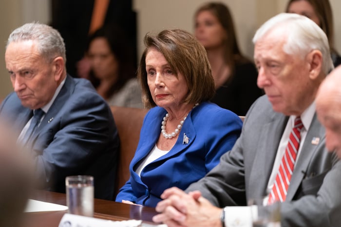 Nancy Pelosi and other congressional leaders meeting with then-President Donald Trump. 