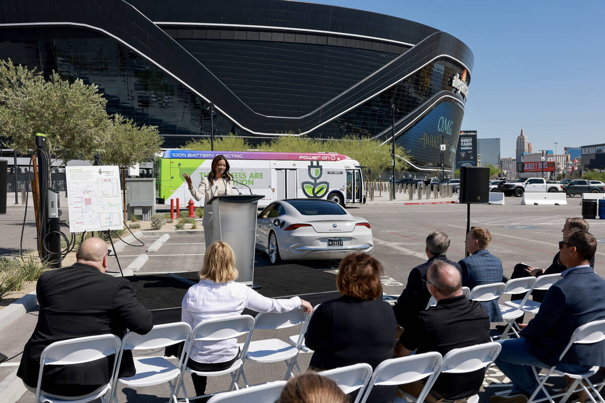 Raiders president Sandra Douglass Morgan speaks during a press conference at Allegiant Stadium ...