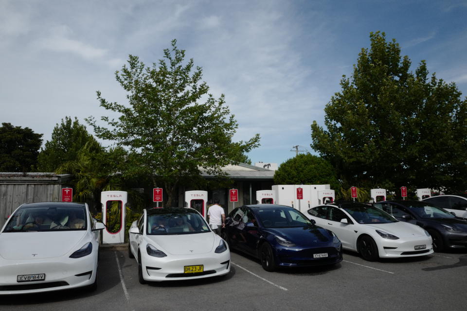 Tesla supercharger in use at Heatherbrae, Australia. 