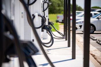 A close up of the new EV charging stations at the back of Lot 47.