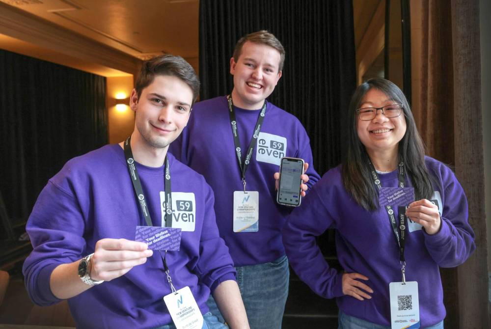 Ruth Bonneville / Free Press BIZ - eleven59 Photo of undergrad students at the University of Manitoba, Todd de Groot, Anthony Theriault and Hazel Nguyen, co-founders of eleven59. The students pitched their business idea at the Stu Clark New Venture Championships held at the Fort Garry Hotel Friday. April 19th, 2024
                                 Ruth Bonneville / Free Press BIZ - eleven59 Photo of undergrad students at the University of Manitoba, Todd de Groot, Anthony Theriault and Hazel Nguyen, co-founders of eleven59. The students pitched their business idea at the Stu Clark New Venture Championships held at the Fort Garry Hotel Friday. April 19th, 2024