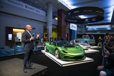 Grand Touring Automobiles' CEO, Paul Cummings, discusses the many super luxury vehicles the dealership has on display at the 2024 Canadian International AutoShow, including the world's first pure-electric hypercar, the Pininfarina Battista. (CNW Group/Grand Touring Automobiles)