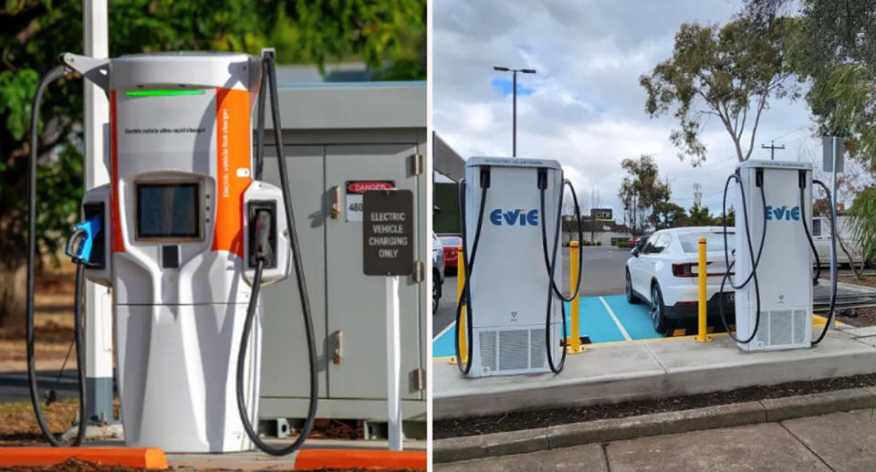 EV charging stations at petrol station and shopping centre car park. 