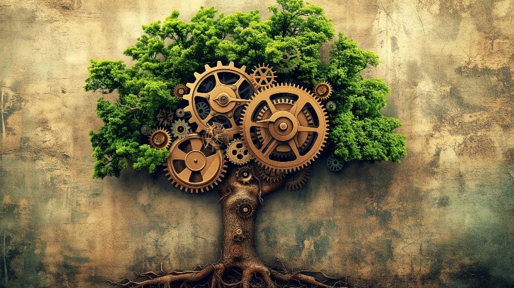 An artistic representation of a tree with mechanical gears for branches, blending human nature with technology in piece about generative AI marketing.