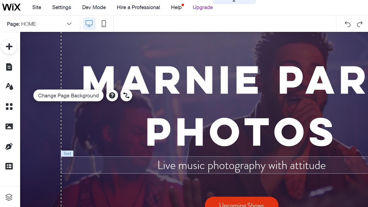 Website being created in Wix interface featuring image of singer on stage