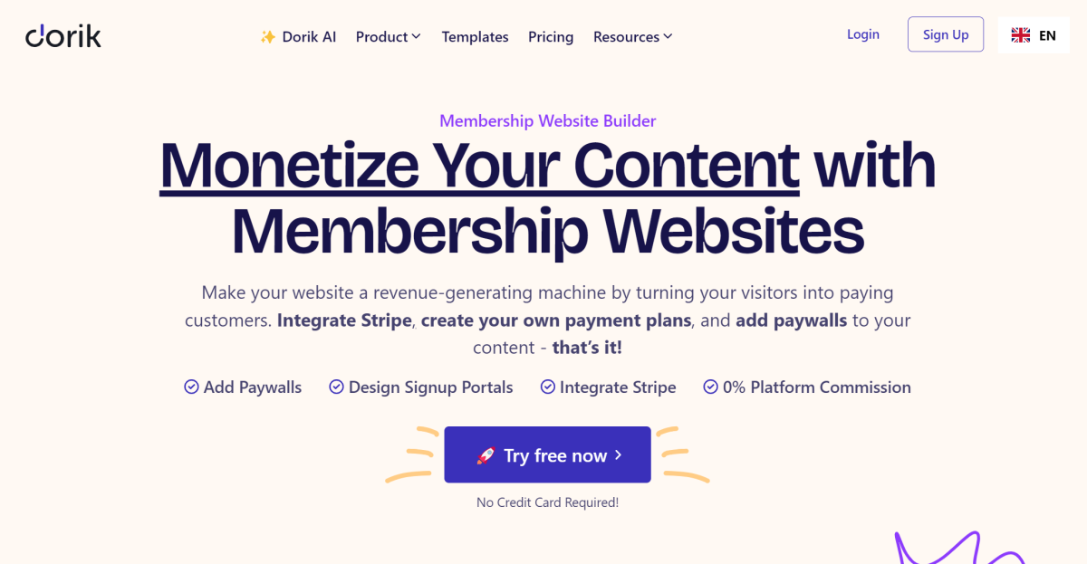 Dorik Membership Sites landing page.