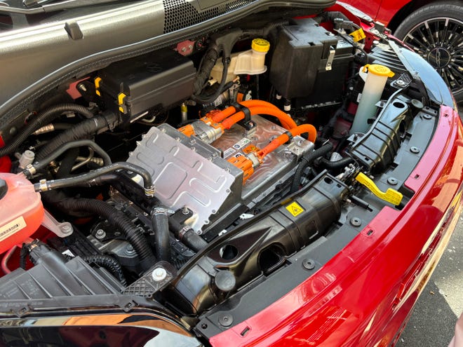 The 2024 Fiat 500e mini-compact electric vehicle's electric motor produces 117 hp.