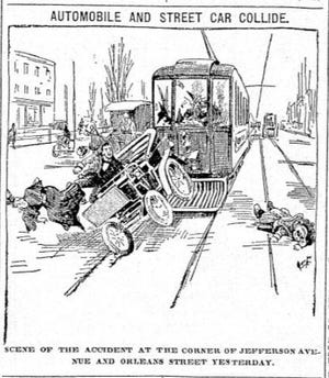 On Dec. 8, 1899, a streetcar struck an automobile on Jefferson Avenue and Orleans near downtown in the first Detroit auto accident covered by The News.