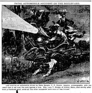 On Oct. 6, 1903, Michigan Sen. Frank Glazier had several people in his car when he lost control during a curve on McDougall on Detroit's east side, jumped the curb and slammed into a tree. Lucy Mudge of Albion was killed in what The News called "one of the most unfortunate automobile accidents that ever occurred on a Detroit thoroughfare."