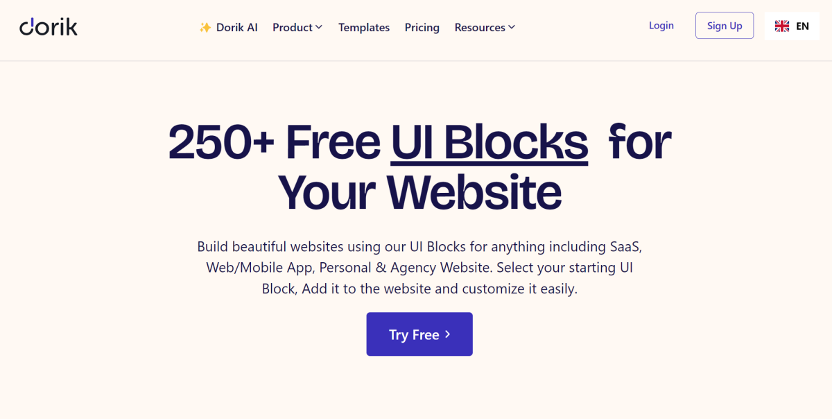 Dorik's UI Blocks landing page.