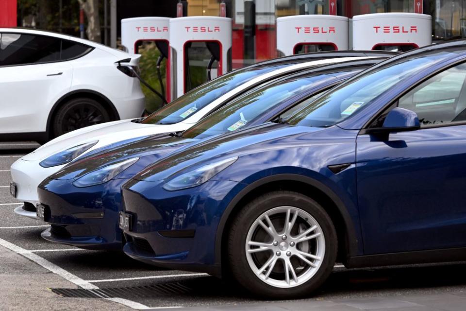 A row of Tesla electric vehicles pictured in Australia.