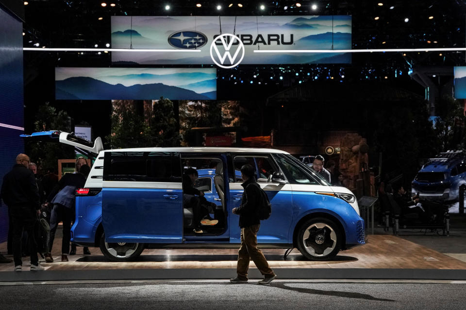 People view a Volkswagen ID Buzz during the New York International Auto Show Press Preview, in Manhattan, New York City, U.S., March 27, 2024. REUTERS/David Dee Delgado