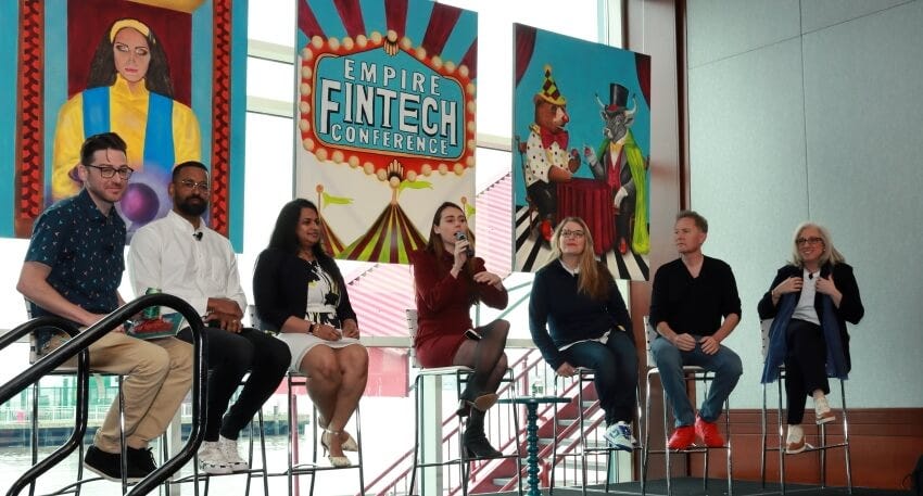 Jesse Reiss, Drew Glover, Akita Somani, Ally McCloskey, Laura Kornhauser, Peter Hazlehurst, and Melissa Otto at New York Fintech Week Conference.