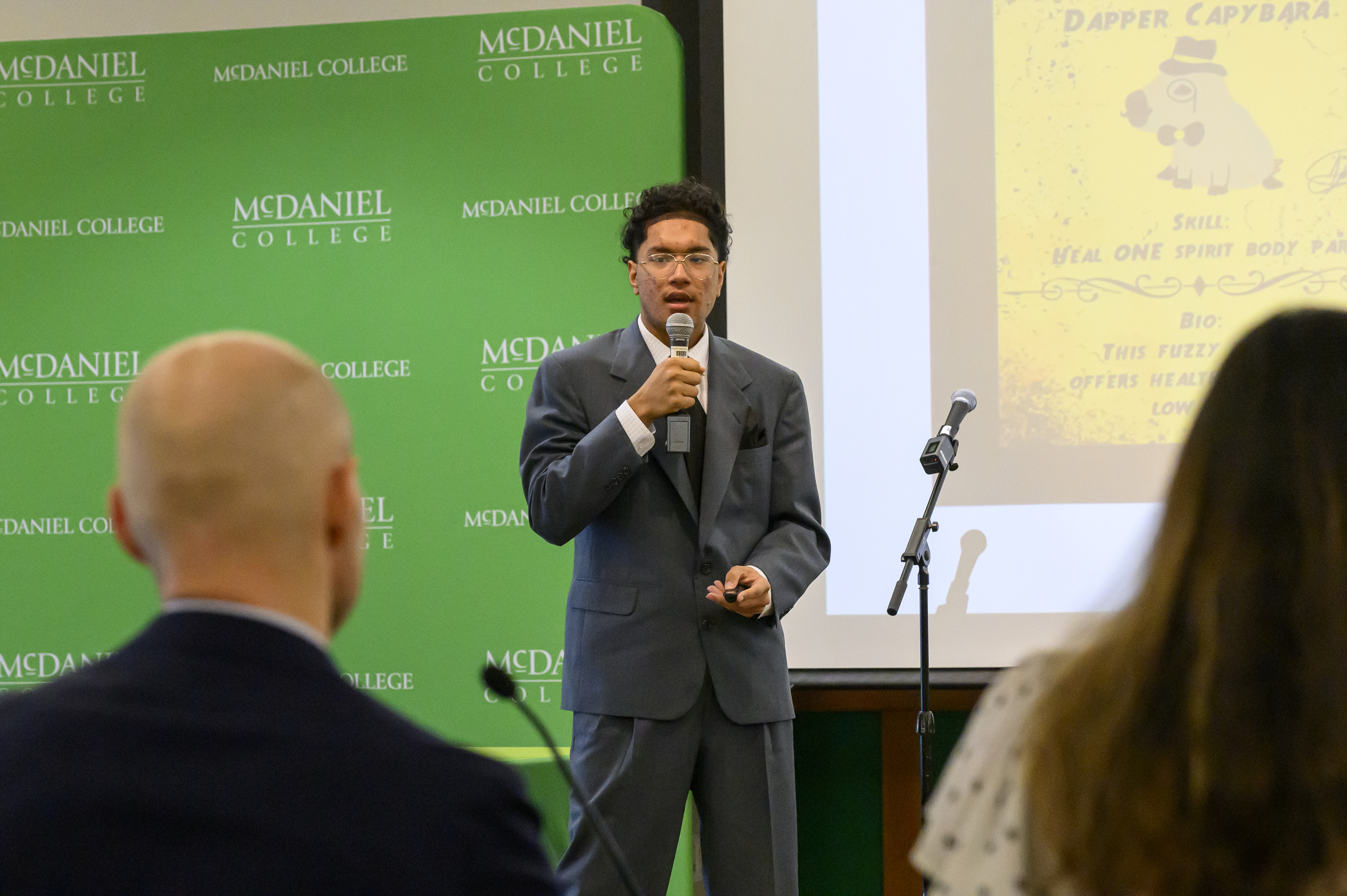 Josiah Yung presents his idea, Trauma, a card game, during the Innovation and Entrepreneurship Challenge at McDaniel College. (Thomas Walker/Freelance)