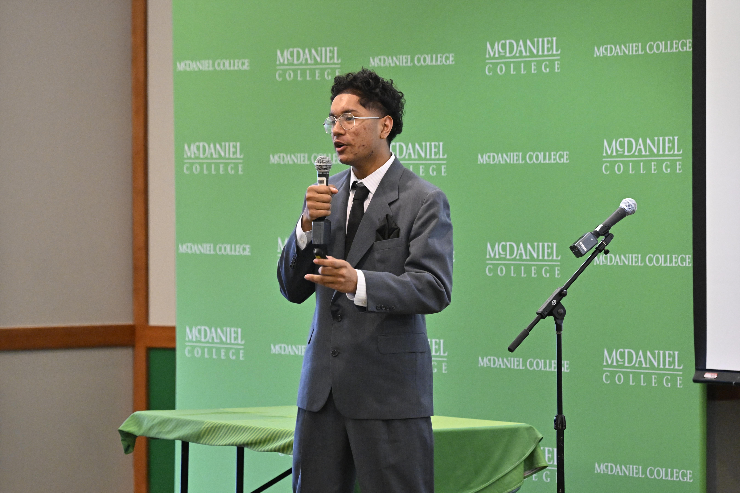 Josiah Yung presents his idea Trauma, a card game, during the Innovation and Entrepreneurship Challenge at McDaniel College. (Thomas Walker/Freelance)