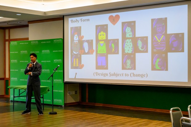 Josiah Yung presents his idea Trauma, a card game, during the Innovation and Entrepreneurship Challenge at McDaniel College. (Thomas Walker/Freelance)