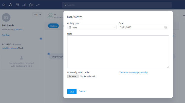 Capsule CRM showing log activity screen with field to write contact notes and details.