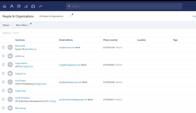 Capsule CRM showing list of contacts and organizations in the CRM database.