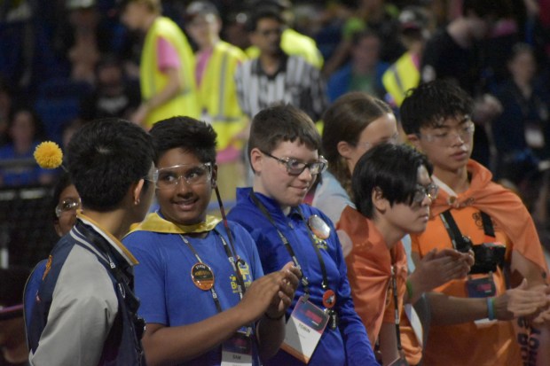 Members of Team BroomBots robotics team attend the FIRST Robotics Competition, an international challenge, in Houston, Texas, in April. (Jamie Rumsey and Julian McCoy -- Courtesy photo)