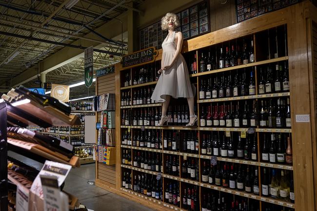 wine aisle with Marilyn Monroe statue on shelves at Jungle Jim's International Market in Fairfield Ohio