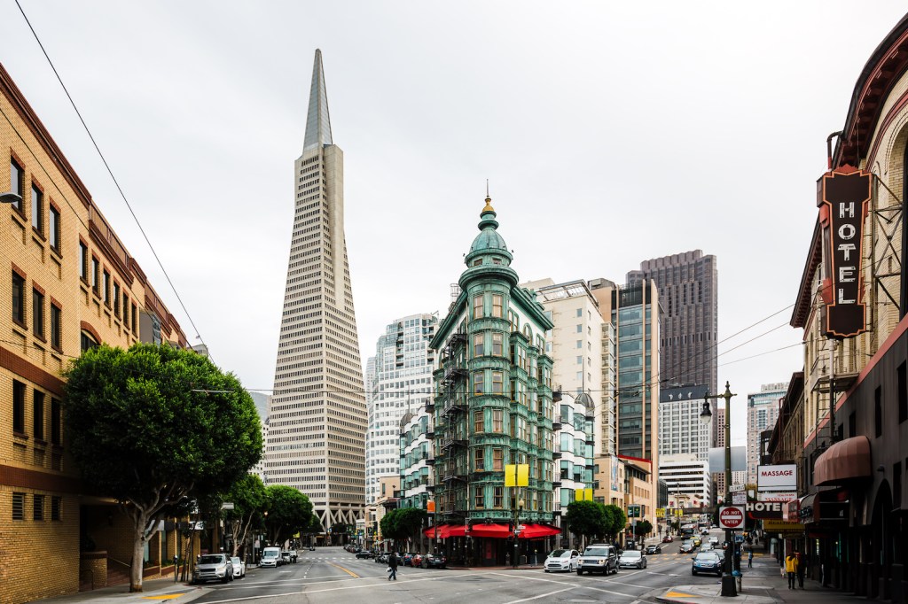 North Beach district with Columbus Tower in the center and Transamerica Pyramid in the background, San Francisco, California, USA