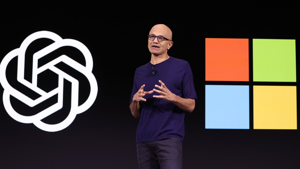 SAN FRANCISCO, CALIFORNIA - NOVEMBER 06: Microsoft CEO Satya Nadella speaks during the OpenAI DevDay event on November 06, 2023 in San Francisco, California. Altman delivered the keynote address at the first-ever Open AI DevDay conference.(Photo by Justin Sullivan/Getty Images)