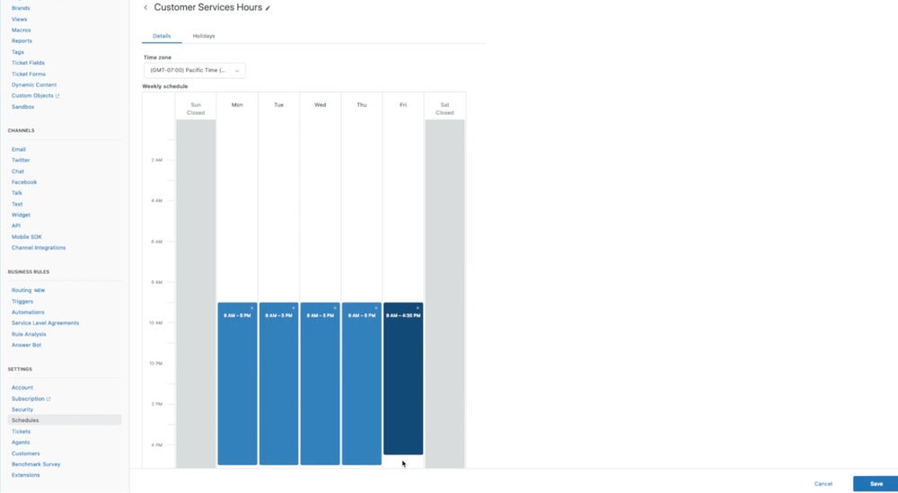 A screencap shows how to schedule business hours on Zendesk. 