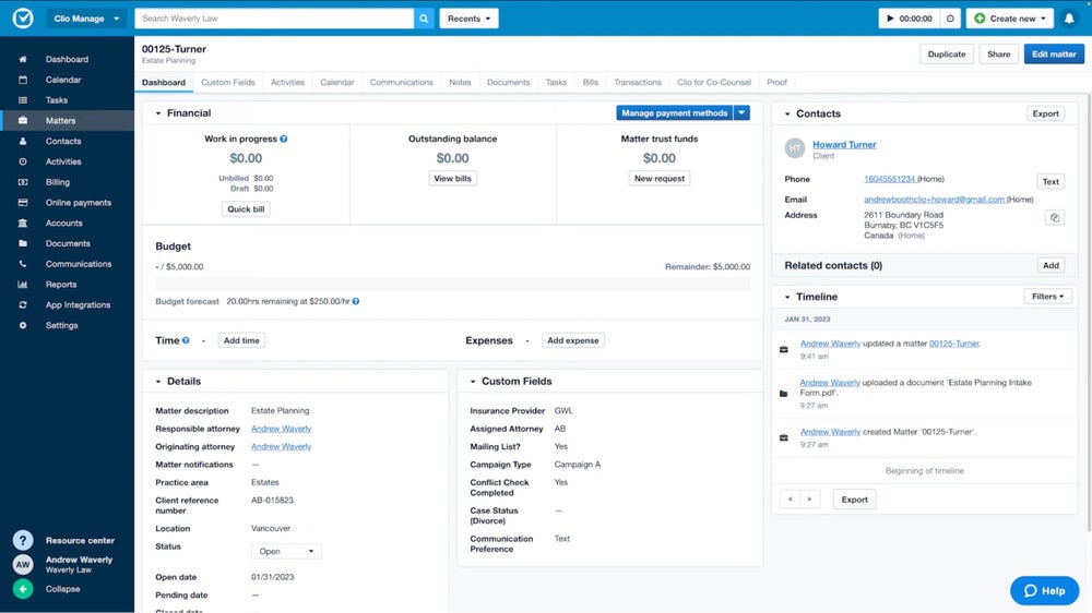 Clio’s matter dashboard shows case management details such as intake data, documents, communication logs, notes, and more. 