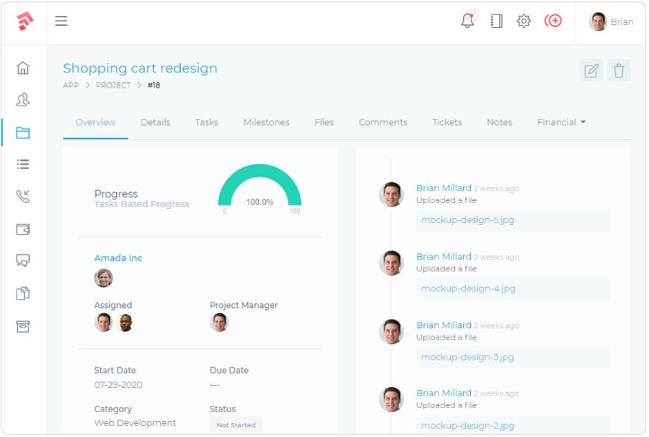 Grow CRM’s project management dashboard provides an overview of task-based progress, project details, milestones, and relevant financial information.