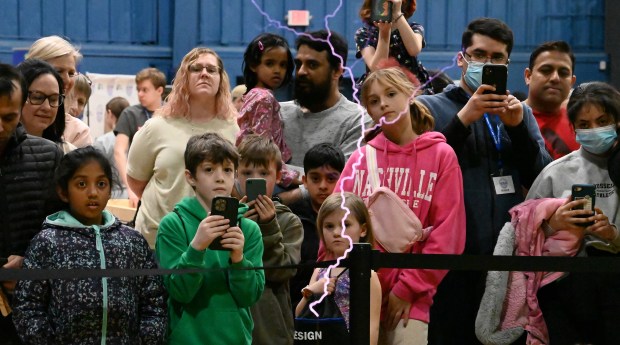 Check out the spark output made by the musical Tesla coils at Maker Faire Lake County on April 13, 2024 at the College of Lake County In Grayslake. (Karie Angell Luc/Lake County News-Sun)