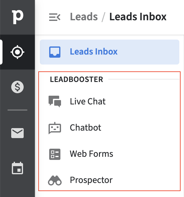 The four LeadBooster tools are listed in the Pipedrive Leads Inbox menu.