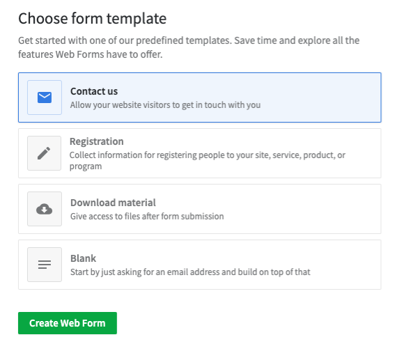 The four Web Forms template options are displayed in a list.