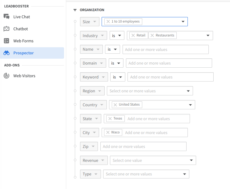 The Pipedrive Prospector search form contains multiple options.