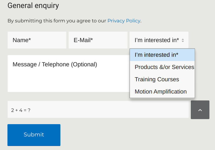 This online contact form asks for contact information and topic of interest.