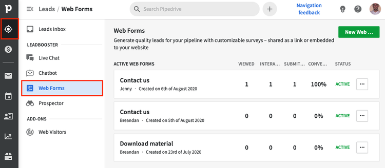 The Web Forms interface lists all forms.